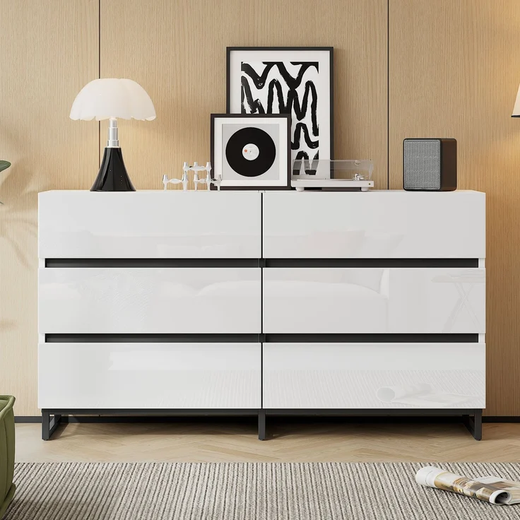 Sideboard 140 x 39,5 x 78,5 cm Weiß mit 6 Schubladen, Hochglanzfront, Metallfüße, großer Stauraum, symmetrisches Design – Bild 6