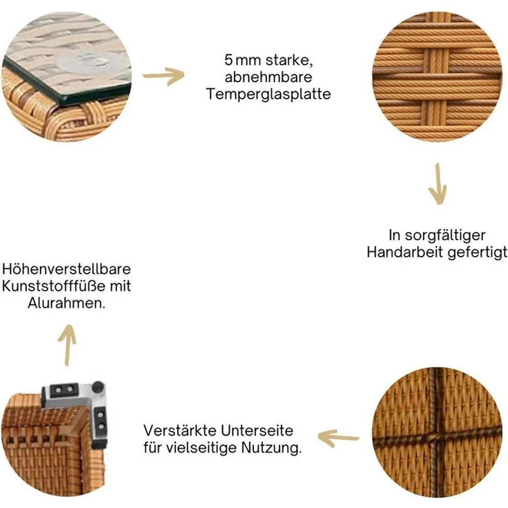 RS Trade 'Toscana' Beistelltisch mit verstärktem Alu-Gerüst, Polyrattan, Natur, 50 x 50 x 32 cm – Bild 3