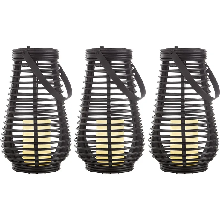 3x LED Solarlampe, Feuer-Effekt, Henkel, schwarz, H 26 cm