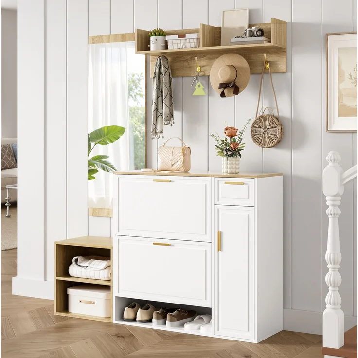 CHICFURN Schrank 139,5x166x35 cm als 4-tlg. Garderoben-Set mit Schuhschrank und Sitzbank Natur+Weiß – Bild 1