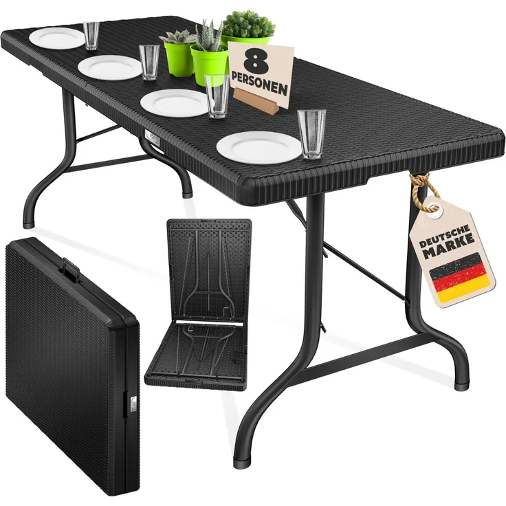 KESSER® Buffettisch Tisch klappbar Kunststoff 183x76 cm Rattan Optik Campingtisch Partytisch Klapptisch Gartentisch für Garten Terrasse und Balkon zusammenklappbar 6 Personen ink. Tragegriff Schwarz