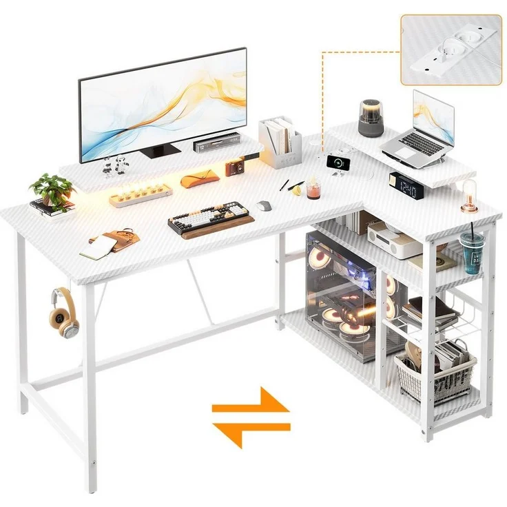 Furnicopia Eckschreibtisch L-förmiger Gaming-Schreibtisch mit Stauraum, Steckdosen und LED (120/140 cm großer Schreibtisch mit zwei Monitorhalterungen, zwei Ablagen, einer verstellbaren Ablage, einem Becherhalter und einem Kopfhörerhalter) – Bild 5