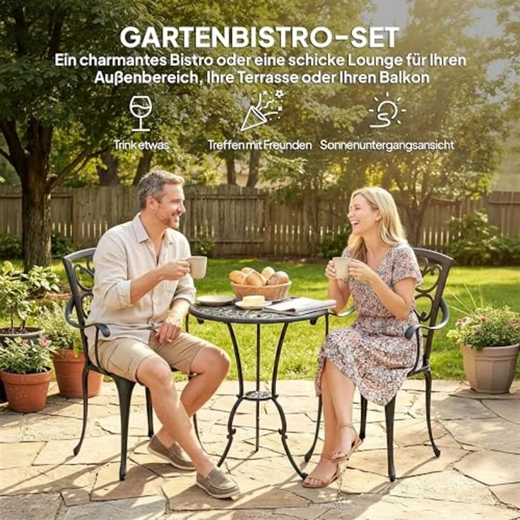 Outsunny Balkonset mit 2 Stühlen, Sonnenschirmloch, (Garten Bistro Set, 3-tlg, Antik Bistro Gartenmöbel), für Garten Terrasse Schwarz – Bild 3