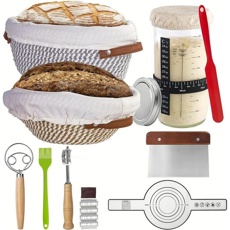 PFCTART Gärkorb Sauerteig Starter Set mit Gärkörbchen & Sauerteig Glas 1000 ml, (Set 15-tlg), Brot backen Zubehör, Gärkorb, optimale Luftzirkulation, Kaltgärung – Bild 1