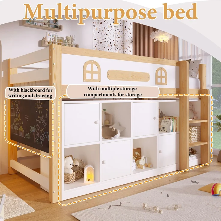 ZUBALIYA Halbhohes Bett, mit Ablagefächern und Leiter und Kreidetafel, Maße 90 x 200 cm, Weiß und Natur, Stockbett, fürs Schlafzimmer, Samt – Bild 6