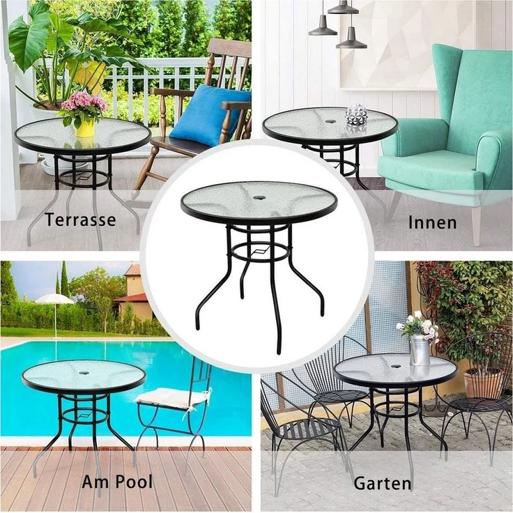 COSTWAY Bistrotisch Gartentisch Glastisch Beistelltisch Balkontisch Terrassentisch mit Schirmloch und Glasplatte für Innen- und Aussenbereich – Bild 3