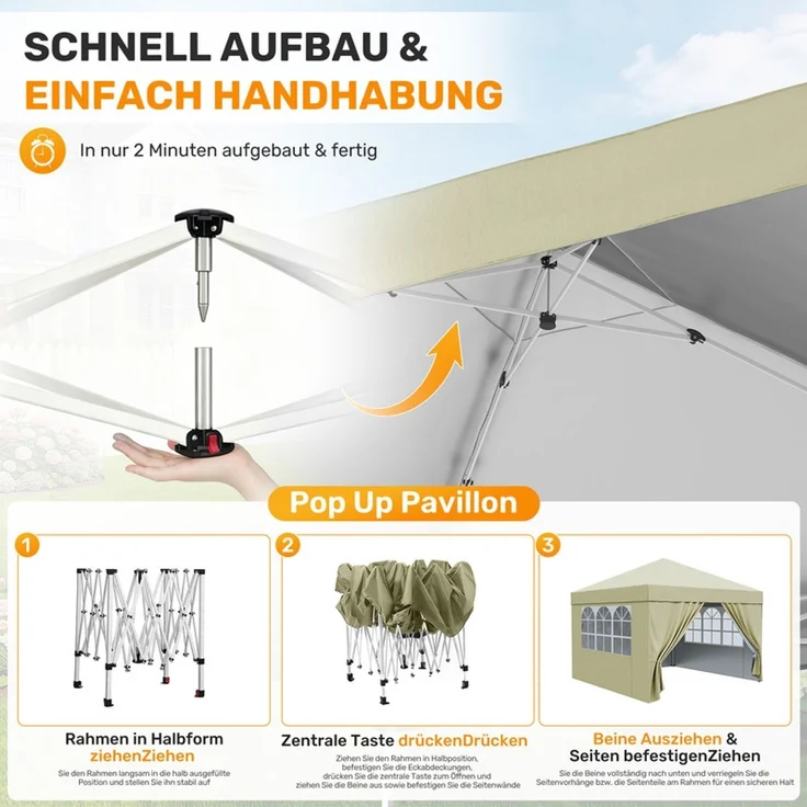 Hawthyhome Faltpavillon 3x3 Pop-Up Partyzelt, wasserdicht & UV50+, One-Touch-Schnellaufbau, 3 Höhenstufen, stabiles Kohlenstoffstahl-Gestell, inkl. 4 Seitenwände & Tragetasche, für Garten, Terrasse & Gartenpartys, Beige – Bild 4