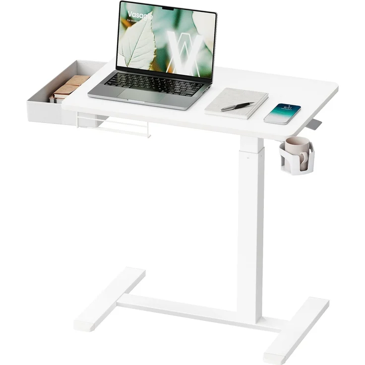 VASAGLE Beistelltisch mit Schublade und Rollen, Höhenverstellbarer | Schreibtisch, Laptoptisch, 70x45 x (65-102) cm, mit Getränkehalter, für Home Office, Weiß, BALOK Kollektion LSD610WZ01