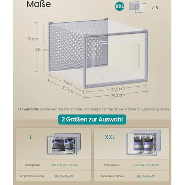 SONGMICS Schuhboxen, 18er Set, Schuh-Organizer aus Kunststoff, faltbar und stapelbar, für Schuhe bis Größe 46, transparent-grau LSP007G18 – Bild 6