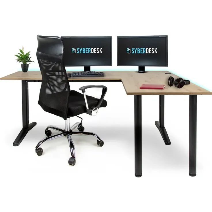 SyberDesk Gaming Eckschreibtisch V2 LED, 197 x 132 cm, RGB Gaming Tisch L-Form, USB-HUB, Kabelmanagement, Artisan-Eiche, (Rechts-Eichenstil)