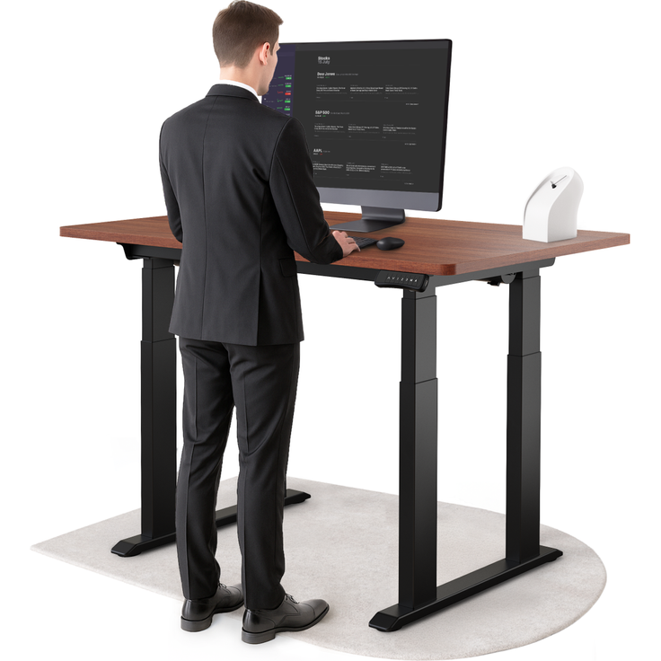 DESKSPACE Höhenverstellbarer Schreibtisch elektrisch mit leisem Dual-Motor – stabiles 4-Bein-Gestell (Schwarzes Gestell, Mahagoni Tischplatte, 140×70 cm)