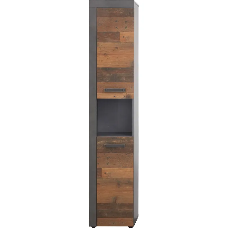 Badmöbel Hochschrank Cancun / Indy in Old Used Wood und Matera grau