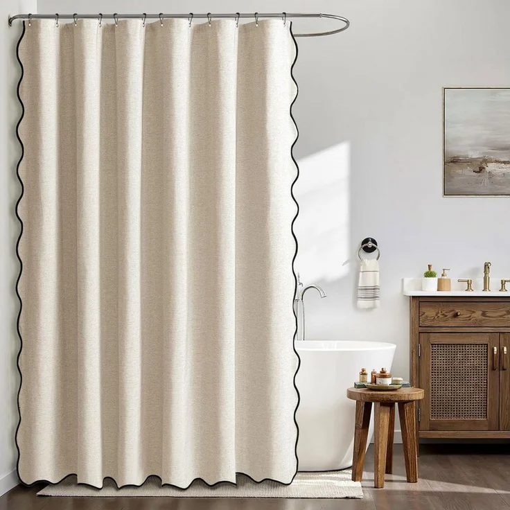 FOUORTUNATE-BEE Duschvorhang Duschvorhang Beige mit gewelltem Muster und schwarzem Rand Breite 120 cm (wasserdicht, schimmelresistent, waschbar) – Bild 1
