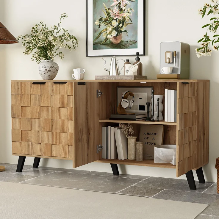 Sideboard Holzoptik 160 cm, moderner Aufbewahrungsschrank mit 4 Türen, Einlegeböden & schwarzen Griffen – Bild 6
