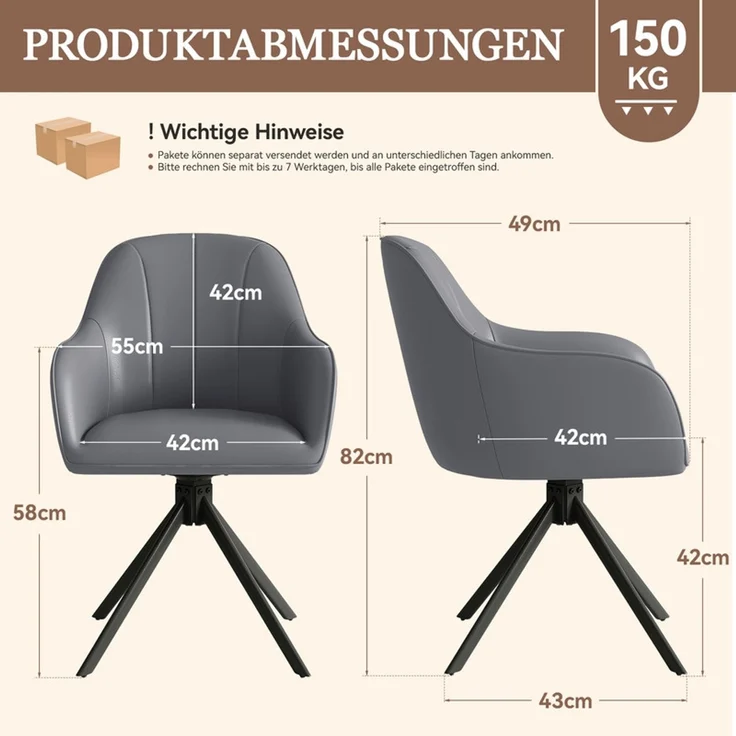 Hawthyhome 4-Fußstuhl Esszimmerstuhl drehbar mit Armlehne, 360° Drehfunktion, ergonomische Sitzschale, Kunstlederbezug, stabiles schwarzes Metallgestell, moderner Küchenstuhl für Esszimmer, Wohnzimmer, Büro & Homeoffice, Grau – Bild 2