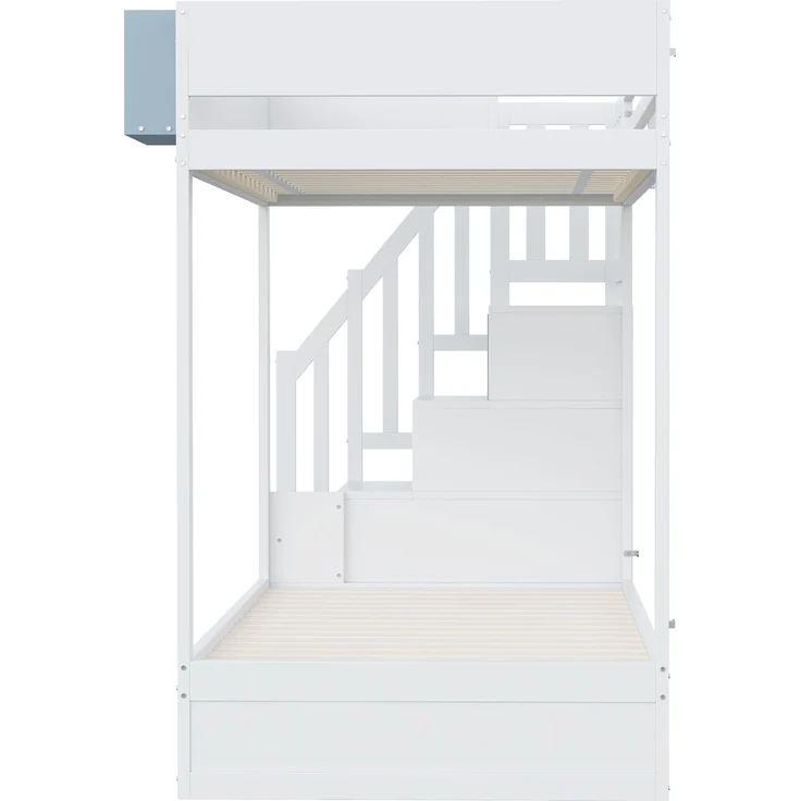 Kinder-Etagenbett 90x200 cm mit Kaninchen-Design, Stauraumleiter, Schubladen, Ablagefach, Massivholz,Weiß & blau – Bild 10