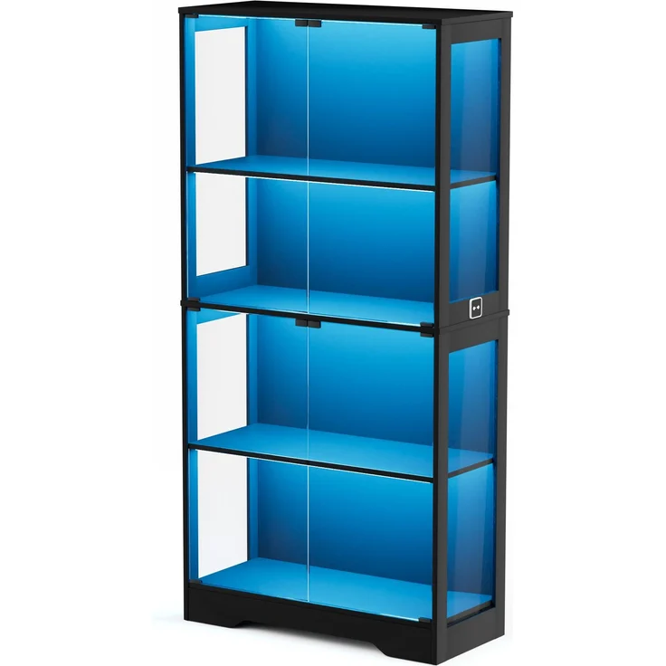 Vierstöckige Glasvitrine mit Stauraum, LED-Beleuchtung, Glastüren und intelligenten Sensoren, Als Glasvitrine für Wohnzimmer, Schlafzimmer und Büros geeignet, Schwarz--Schwarz--80x35x165cm--YOUDENOVA – Bild 7