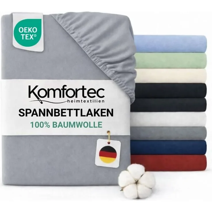Komfortec Jersey Spannbettlaken 180x200 cm, 100% Baumwolle, Grau