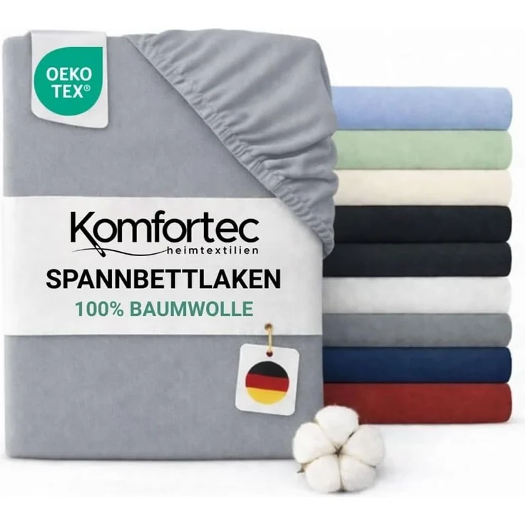 Komfortec Jersey Spannbettlaken 180x200 cm, 100% Baumwolle, Grau