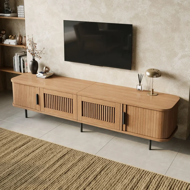 TV-Lowboard 180 x 40 x 44,5 cm aus MDF und PB mit Schiebetüren, Schubladen und LED-Beleuchtung – Bild 4