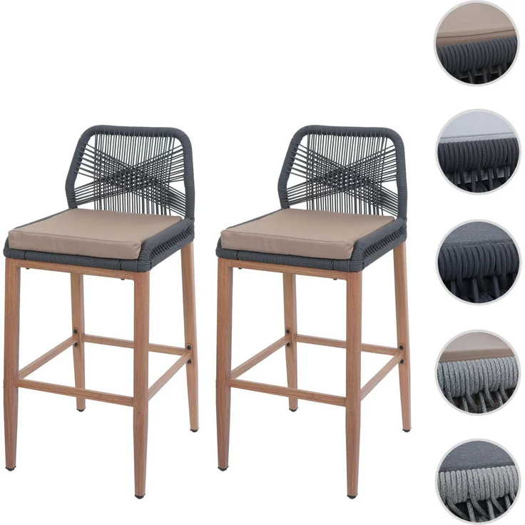 2er-Set Rope-Barhocker HWC-O21, Outdoor Sitzpolster Seilgeflecht Metall Holz-Optik ~ anthrazit, Kissen taupe – Bild 10