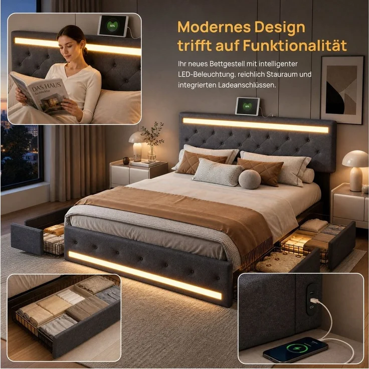 PXloue Polsterbett LED Doppelbett 140x200cm mit Ladefunktion und 4 Schubladen Polsterbett (Geeignet für Jugendliche und Erwachsene), Stauraumbett, mit RGB-LED, Lattenrost und praktischen Schubladen – Bild 3