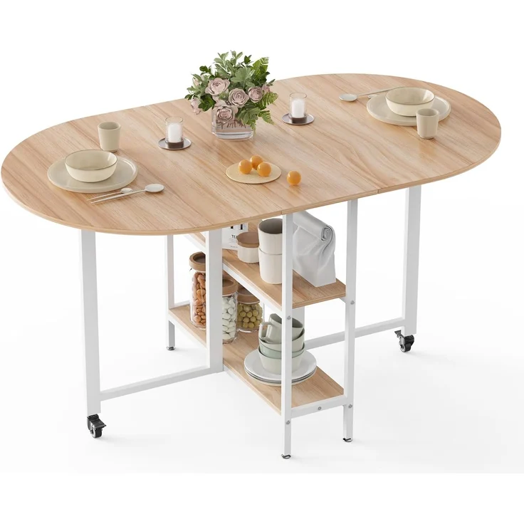Mondeer Mobiler Klappbarer Esstisch, Klapptisch mit 2 Offenen Ablagen, Rundes Kanten Design, Kleine Räume Esszimmer Küche, 140 x 80 x 75 cm, Eiche und Weiß