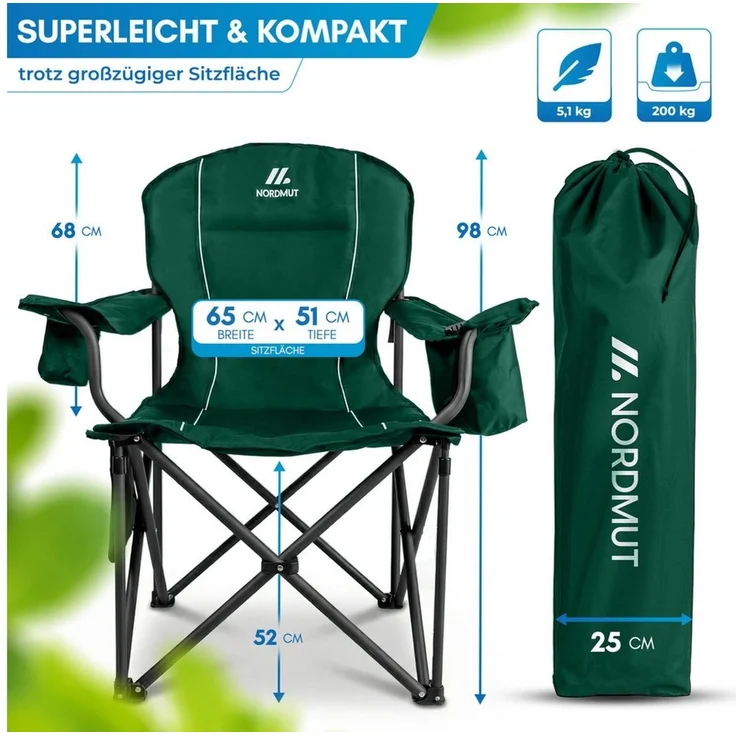 Nordmut Campingstuhl Klappstuhl faltbar, Outdoor Strand Angeln Garten, 200 kg, Armlehne (Spar-Set, 1 St), Kühltasche, Getränkehalter, breite Sitzfläche, gepolstert, wetterfest – Bild 2