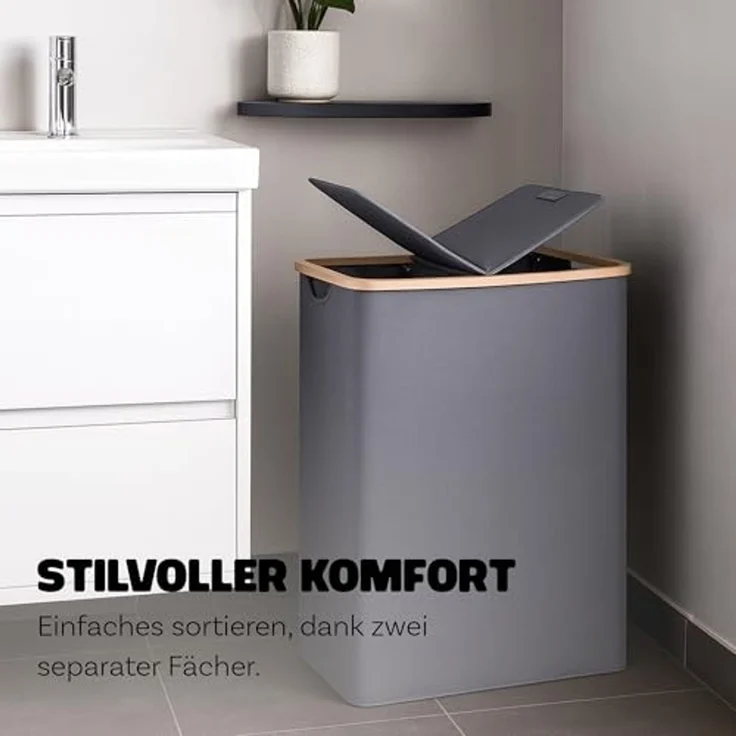 Bestlivings Wäschekorb mit Bambusrahmen inkl. 2 Fächern 54x34x65 cm, 120L, 2-geteilter Deckel, Bezug: 100% Polyester, atmungsaktiv – Bild 7