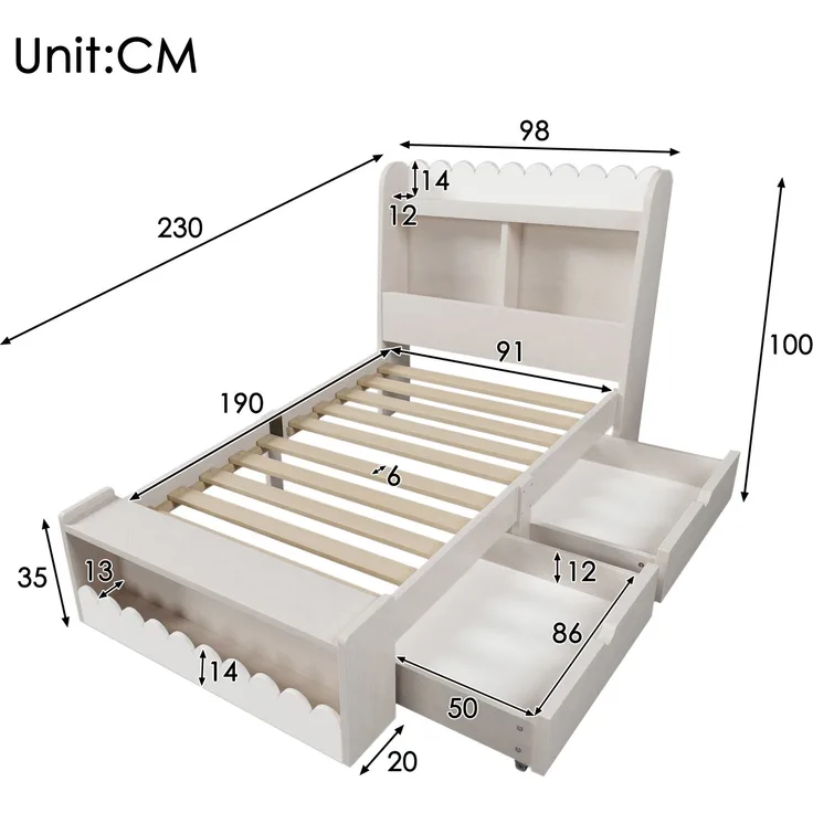 Wohnora-Kinderbett Einzelbett Stauraumbett mit Schubladen, Regal und Sitzbank mit Stauraum, Holzbett 90x190 cm, Bettgestell und Lattenrost aus Holz, Weiß mit Eichefarben (Ohne Matratze),Weiß + Helle Eiche