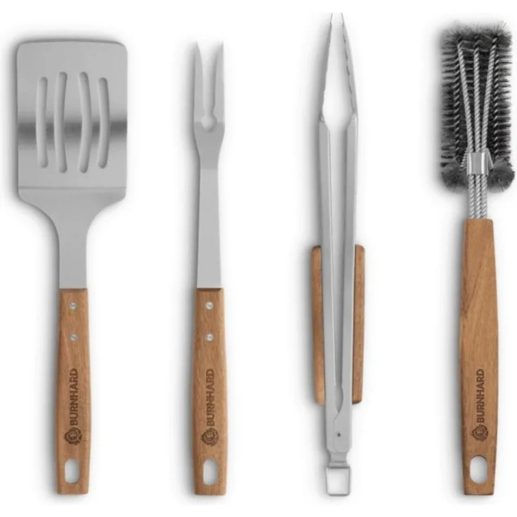 BURNHARD Grillbesteck-Set, 4-teilig, Edelstahl silber / Holz natur
