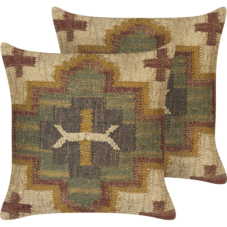 Kissen 2er Set Geometrisches Muster PULICAT Jute 45 x 45 cm Grün