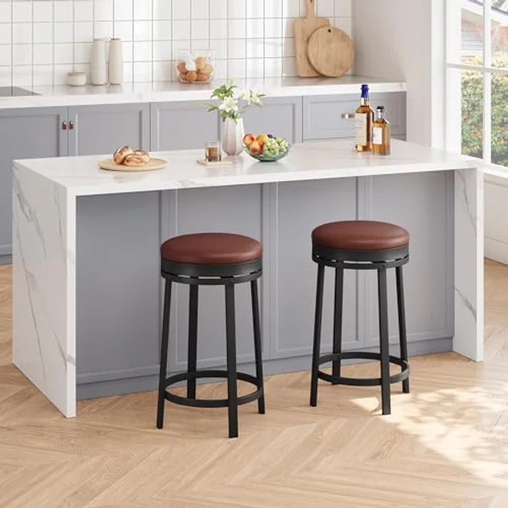 GarveeHome 360°Drehbar Runde Barhocker 2er Set, 62cm Hoch Barstühle mit Fußstütze, Küchenthekenhocker mit PU-Kunstleder und Metallrahmen, Hocker für Bartisch, Küchenstühle für Küche/Bar, Braun – Bild 1