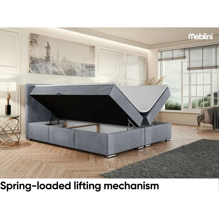 MEBLINI Boxspringbett MALDINI 140x200cm - H3P/Grau Samt - mit Bettkasten - Polsterbett - Doppelbett mit Topper & Taschenfederkern-Matratze – Bild 3