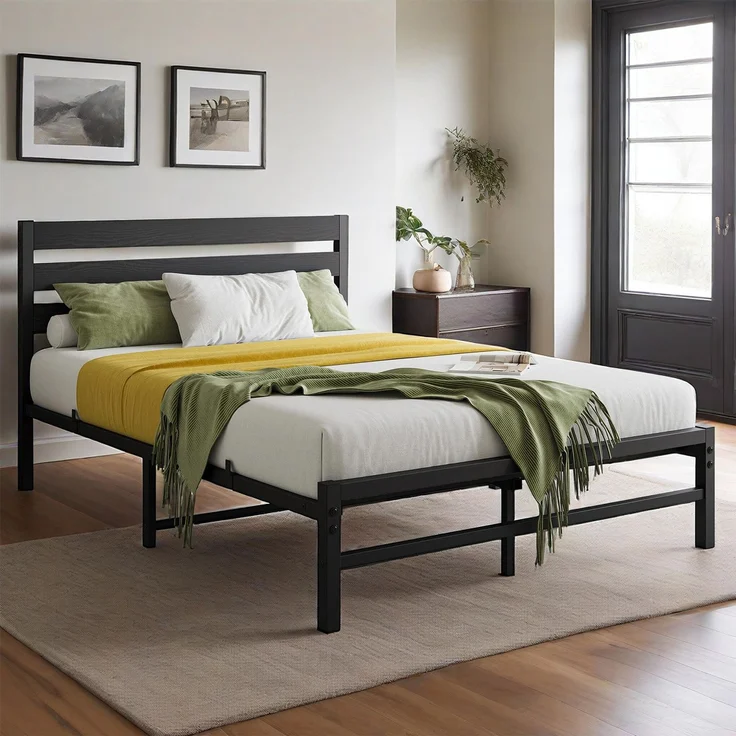 Metallbett 90x200 cm mit MDF-Kopfteil, Lattenrost und 15 cm Matratze, Schwarz – Bild 2