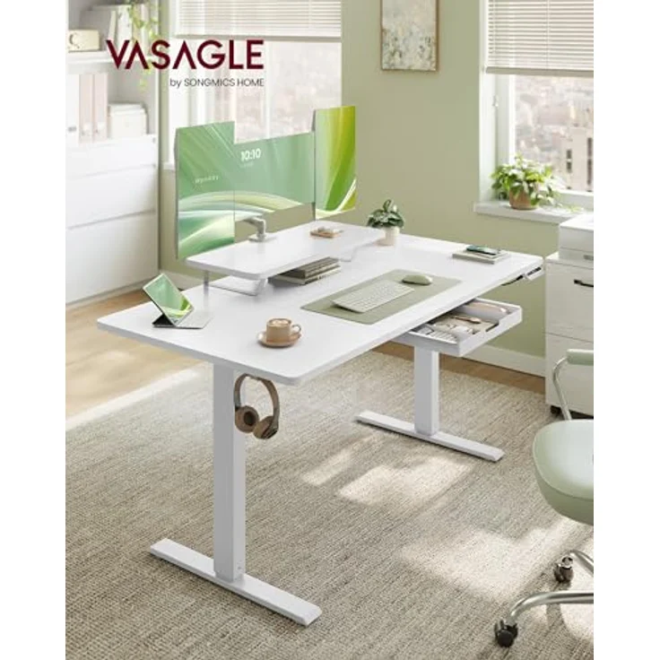VASAGLE Höhenverstellbarer Schreibtisch, 140x70 cm, flexibel montierbarer Monitorständer, Schublade, USB-C-Anschluss, Erinnerung bei langem Sitzen, für Büro, wolkenweiß LSD154WB01 – Bild 3