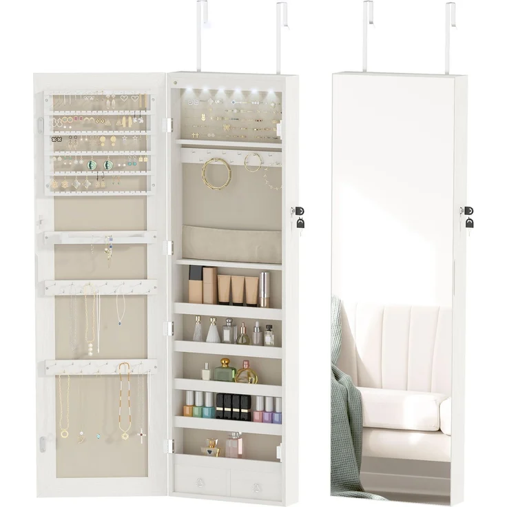 HOMCOM Schmuckschrank, MDF, Glasspiegel, Cremeweiß, 37 x 120 x 10 cm – Bild 1