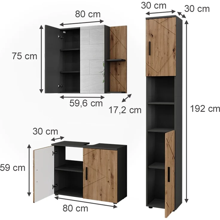 Badmöbel-Set Irma Anthrazit/Goldkraft Eiche 3-teilig Vicco – Bild 2