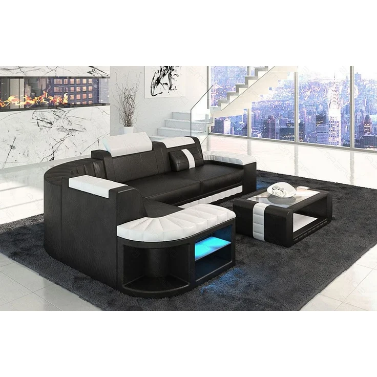 Mini Designersofa Leder Bergamo mit LED - Ledermix - Schwarz-Weiß - Links – Bild 3