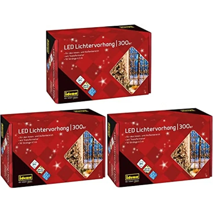 Idena LED-Lichtervorhang 300er, warmweiß, 3 x 3 m, 10 Stränge, für innen und außen, mit 8h-Timer – Bild 1