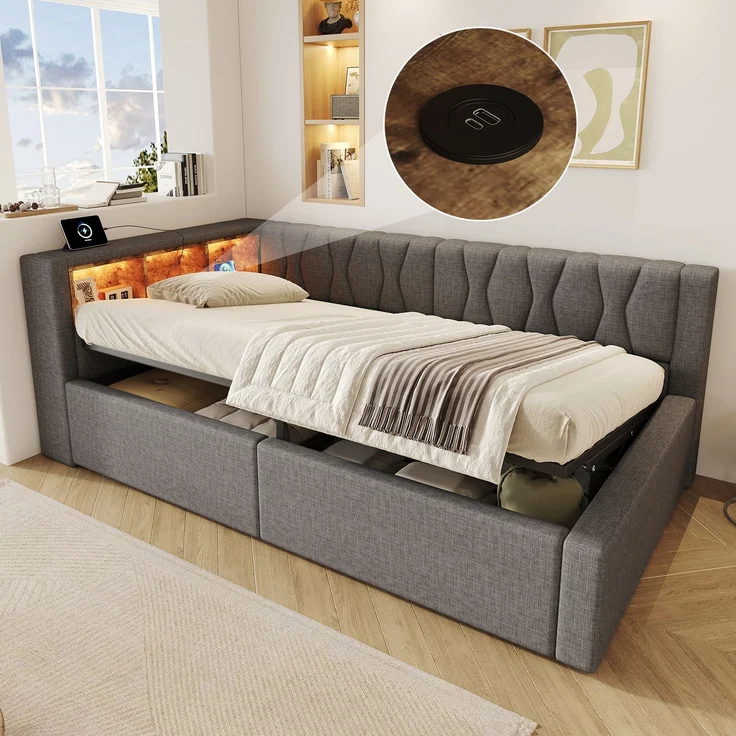 Daybett, Tagesbett, Schlafsofa,90x200cm, Ohne Matratze, Hydraulische Lagerung, mit dimmbarer LED-Leiste, mit praktischem Regal, mit USB-Anschluss, Grau – Bild 2