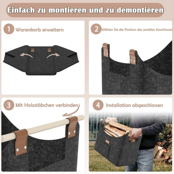 FIVMEN Kaminholzkorb 2-er Set XXL Faltbarer Brennholzkorb Filzkorb extra dicker Filz – Bild 2