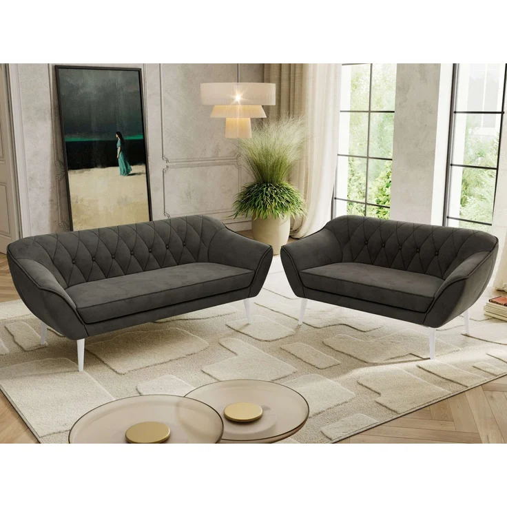 Skandinavisches Sofa Set PIRS 3-2, Komplettset, Wellenfederung, weiße Füße, Sitzgruppe, Polstermöbel Set - Dunkelgrau Velvet – Bild 3