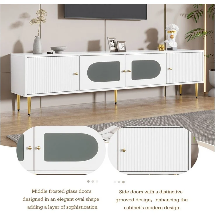 BlingBin TV-Schrank TV-Board,TV-Unterschrank (1er Set, 1-St, 170*35*50cm TV-Schrank,2Türen mit Vertikalrillen,2 Türen mit Bogenglas) Weißer Korpus mit Goldenen Beinen & Griffen, 35KG Tragkraft,TV-Schrank – Bild 3