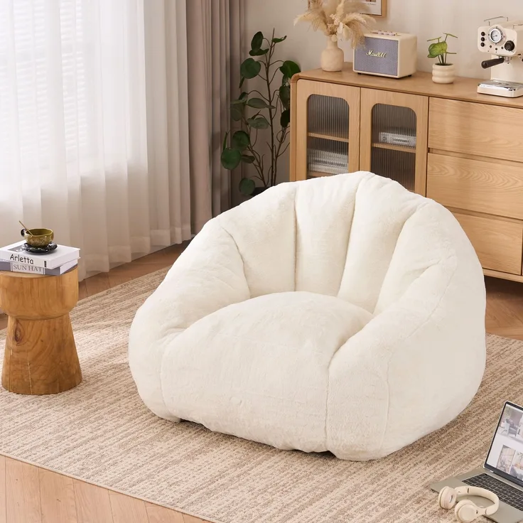 Sitzsack für Erwachsene, flauschiger Loungesessel aus Kunstfell, vakuumverpackt und montagefrei, für Wohnzimmer, Schlafzimmer, Balkon - Groß(Cremefarben)--Weiß--111x123x75cm--YOUDENOVA