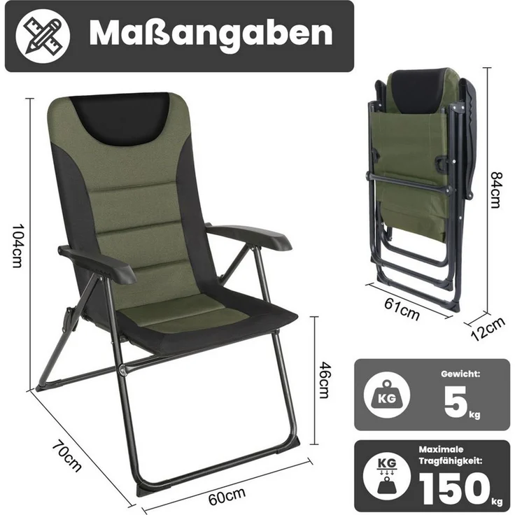 HOMECALL Campingstuhl Gartenstuhl Gepolsterter Klappstuhl für Wohnwagen Outdoors-150kg (2 St), Hochlehner Anglerstuhl mit 5-fach verstellbarer Rückenlehne