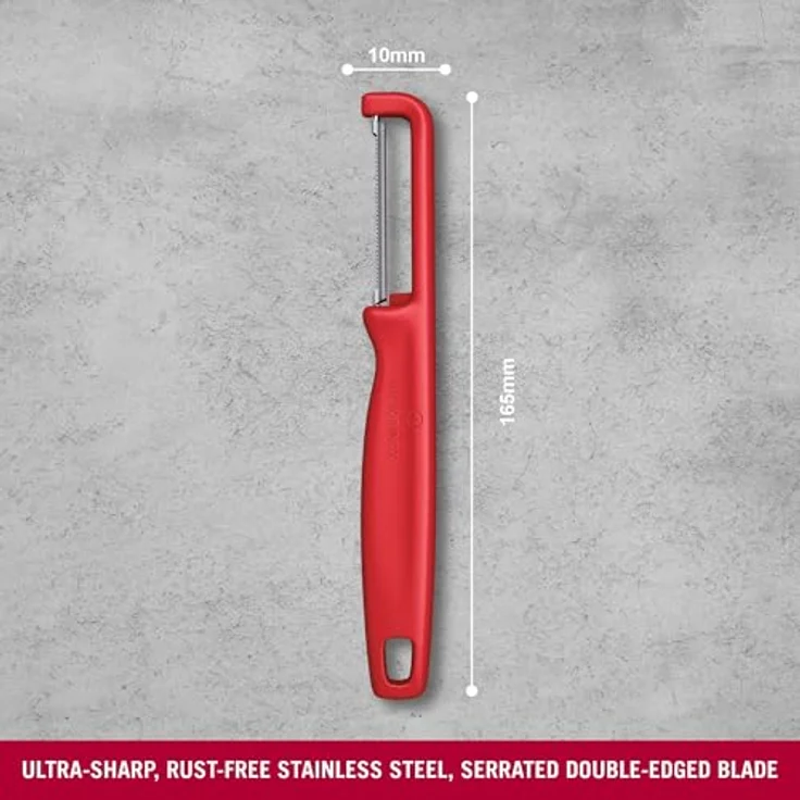 Victorinox Sparschäler "Iota", Schäler für Gemüse, Obst, Zackenschliff, Zweischneidig, Extra Scharf, Swiss Made, rot – Bild 3