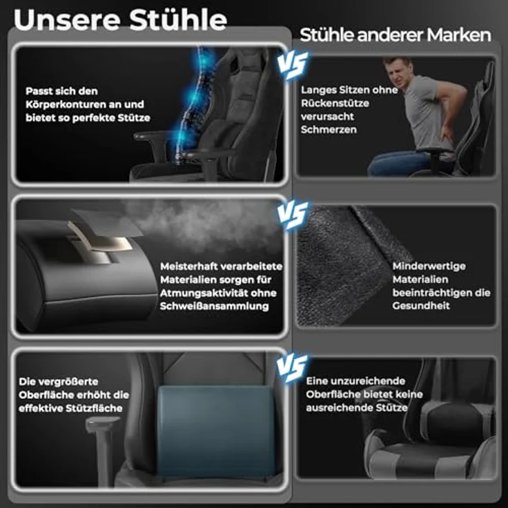 JUMMICO Veloursleder Gaming Stuhl,Bürostuhl Ergonomisch mit 3D Armlehnen,Schreibtischstuhl mit Wider Backrest for Gaming, Working,Studing,Gamer Stuhl Belastbarkeit bis 200 kg, Schwarz – Bild 6