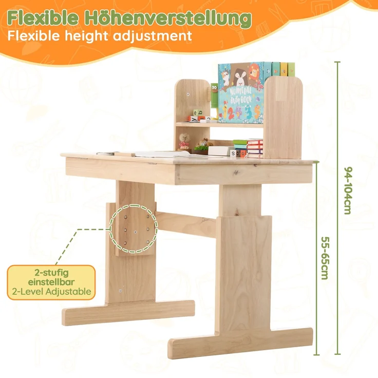 EINHOM Kindertisch, Höhenverstellbarer Massivholz-Multifunktionsschreibtisch für Kinder, Klappbare Tischplatte, Buchstütze, Sicherheits, für Kinder ab 6 Jahren – Bild 7