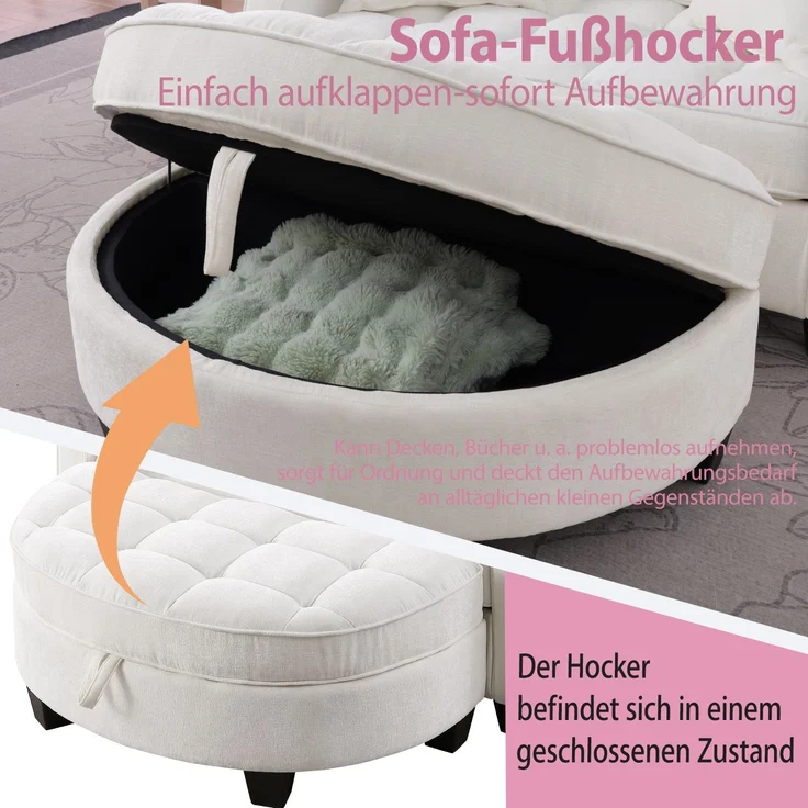 Multifunktionales Sofa, 2-in-3 Sofa-Bett mit Aufbewahrungs-Hocker atmungsaktiver Stoff für kleine Räume, Stoff und Eukalyptusholz, Black, – Bild 6